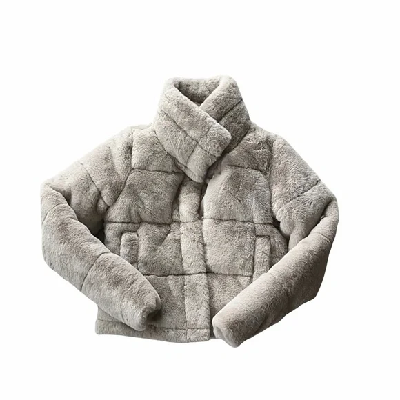 Abercrombie & Fitch Soft Gray Faux Fur Mini Puffer Jacket - Picture 3 of 4